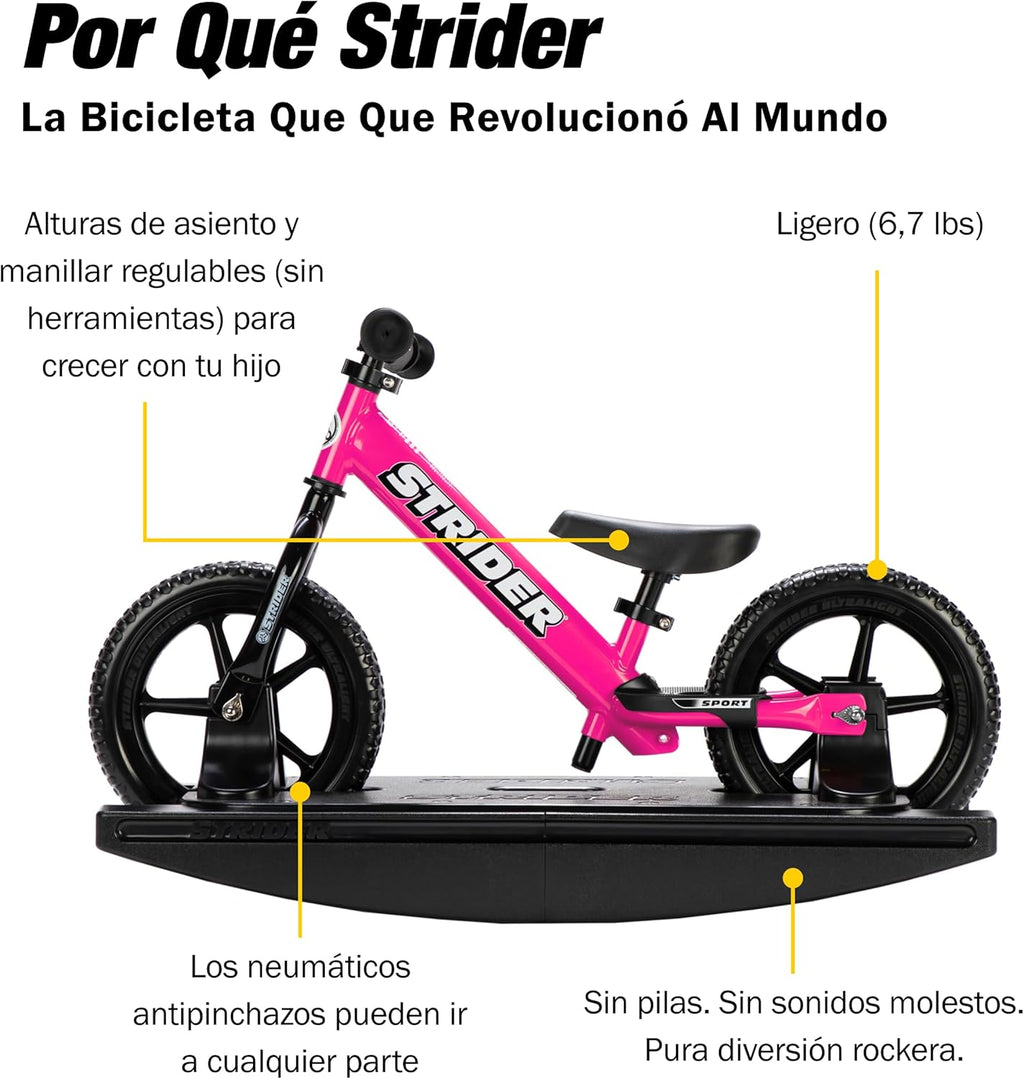 Strider 12” + Rocking Base - Helps Teach Baby How to Ride a Balance Bicycle - for Kids 6 Months to 4 Years - Easy Assembly & Adjustments