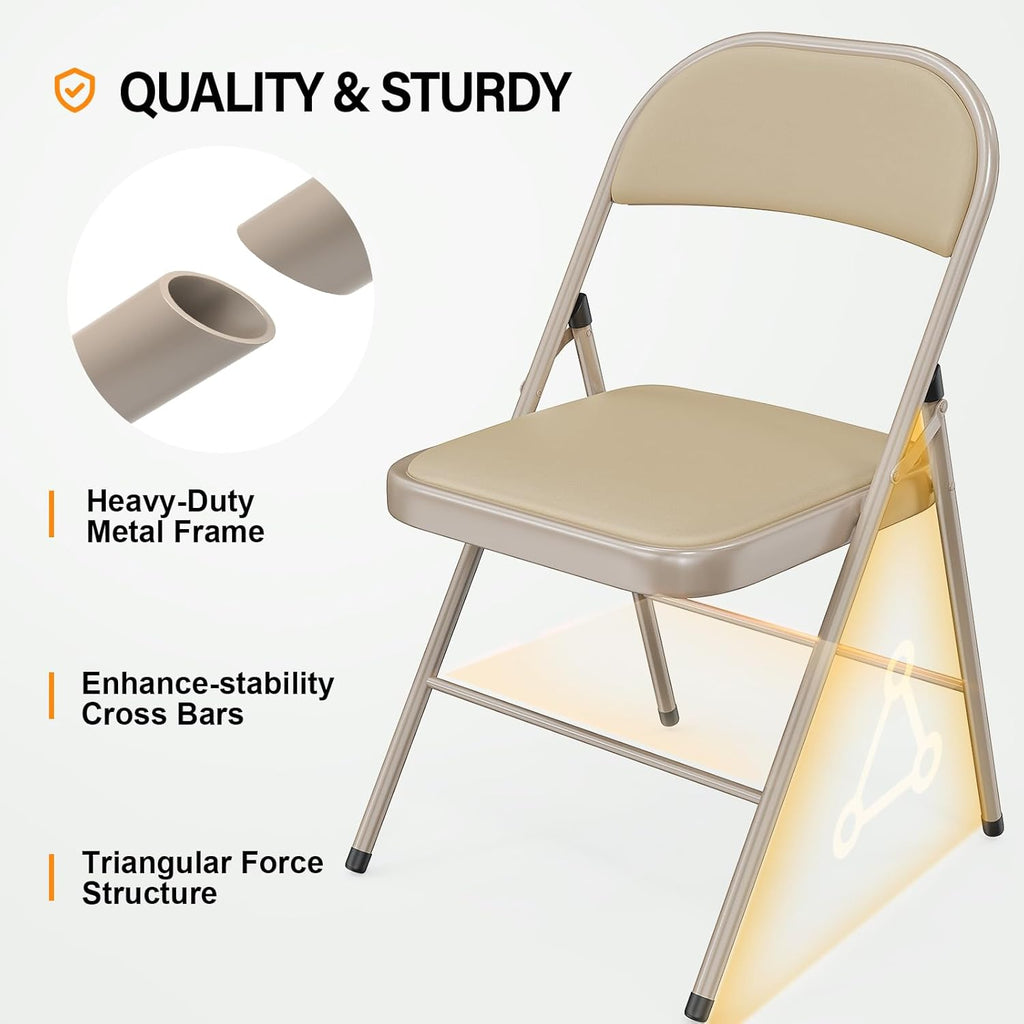 VINGLI 6 Pack Folding Chairs with Padded Seats, Metal Frame with Pu Leather Seat & Back, Capacity 350 lbs, Set of 6, Khaki
