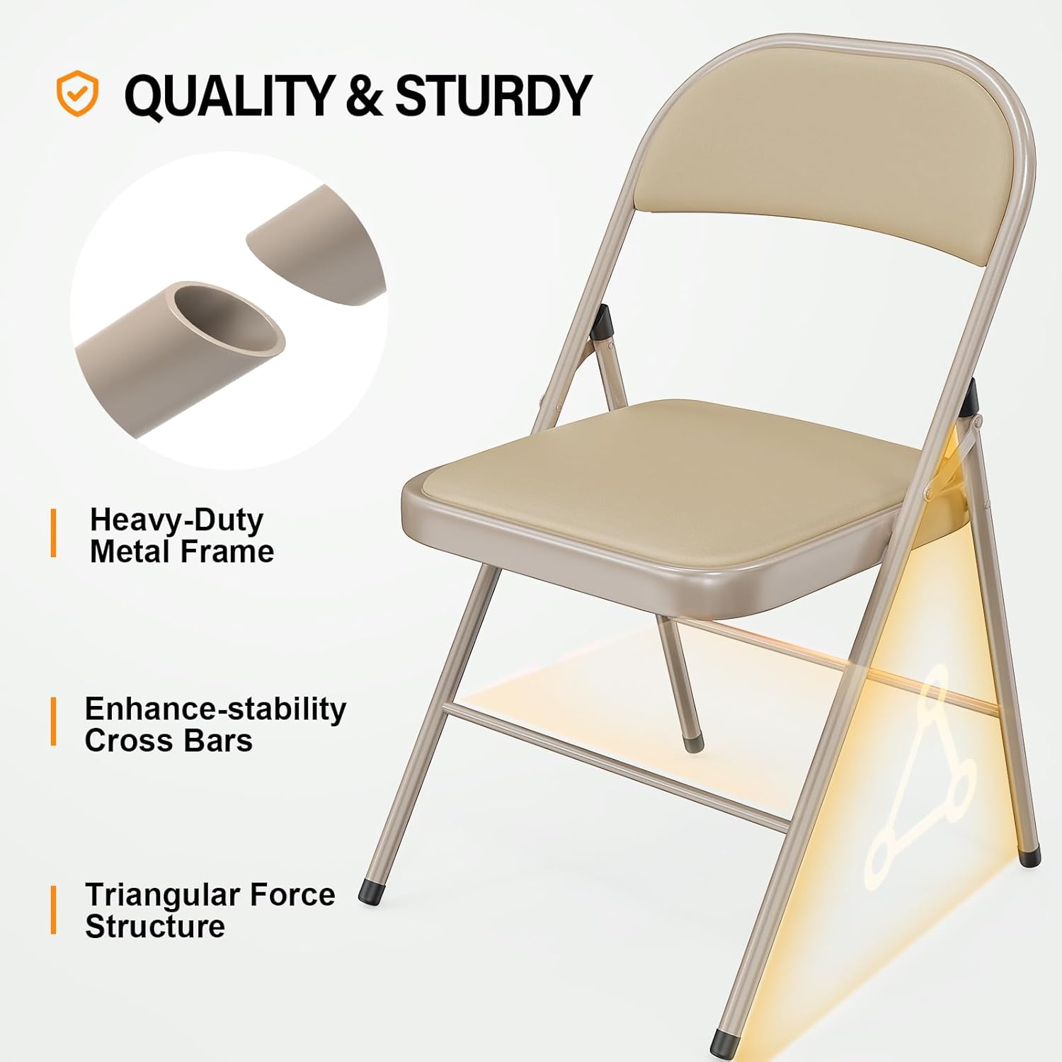 VINGLI 6 Pack Folding Chairs with Padded Seats, Metal Frame with Pu Leather Seat & Back, Capacity 350 lbs, Set of 6, Khaki