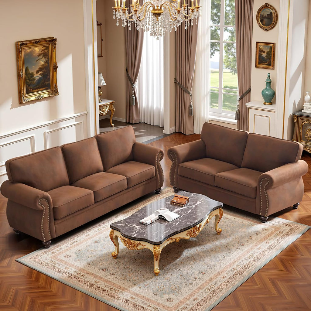 Mid-Century Vintage Sofa Couches with Rivet Design,3-Seater Sofa,Removable Sofa Cover Upholstered Cushions and Solid Wood Frame (Caramel, 3-Seater)