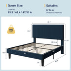 Allewie Queen Size Upholstered Bed Frame with Vertical Channel Tufted Headboard, Soft Corduroy Fabric Platform Bed, Strong Wooden Slats Support, Easy Assembly, No Box Spring Needed, Dark Blue