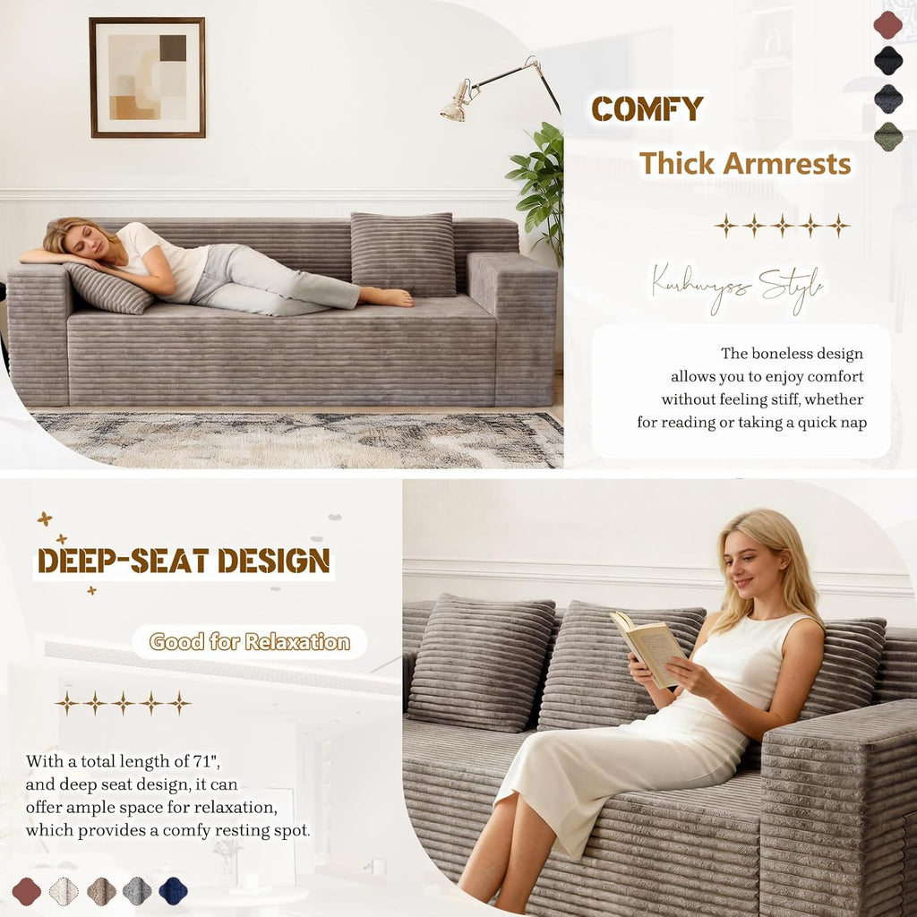 Kurhwyss 71" Corduroy Living Room Sofa, 3 Setaser Deep Seat Couch with 3 Lumbar Pillows, Comfy Boneless Sofa Modern Compressed Couch for Bedroom, Office, Apartment, No Assembly, Flat Armrests (Camel)