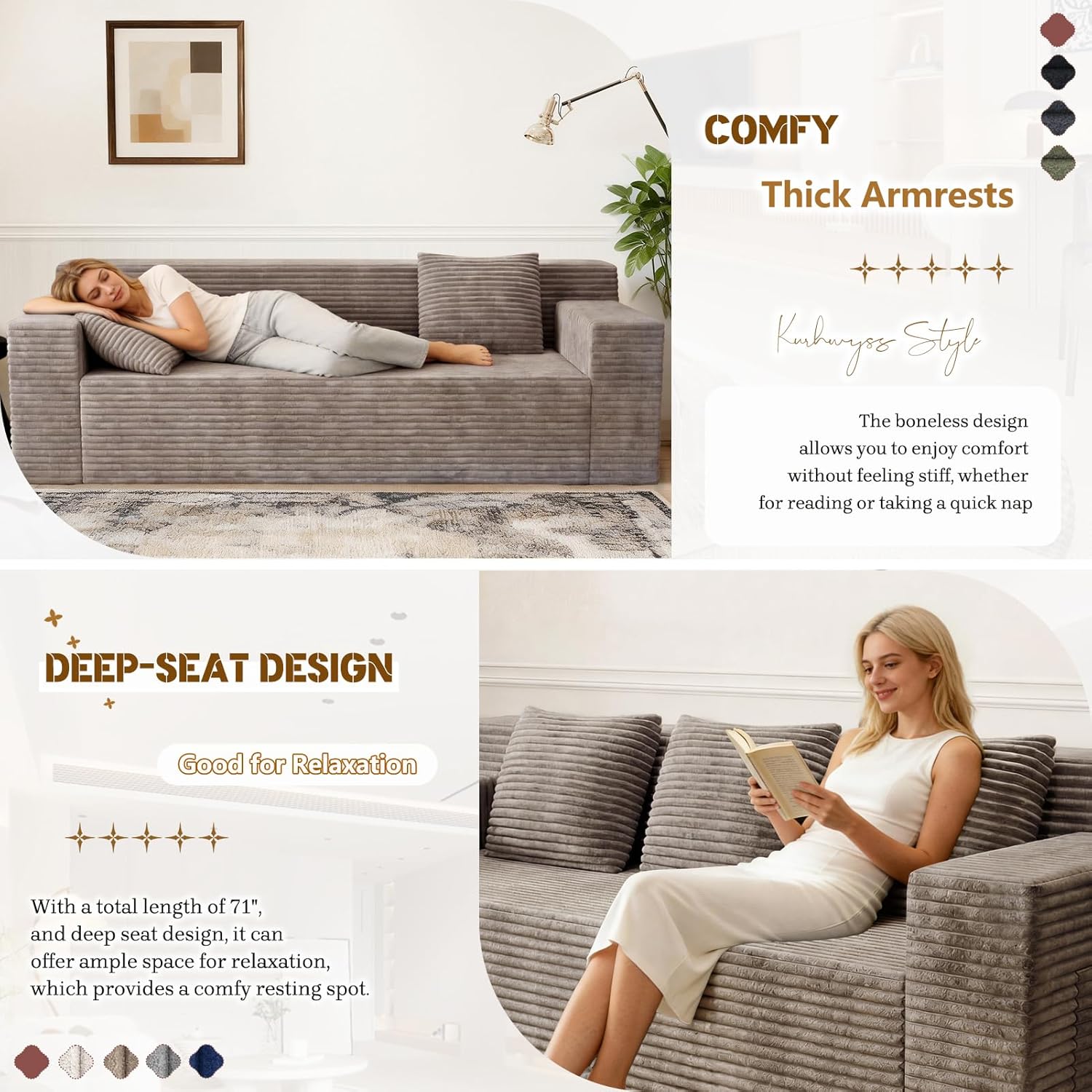 Kurhwyss 71" Corduroy Living Room Sofa, 3 Setaser Deep Seat Couch with 3 Lumbar Pillows, Comfy Boneless Sofa Modern Compressed Couch for Bedroom, Office, Apartment, No Assembly, Flat Armrests (Camel)