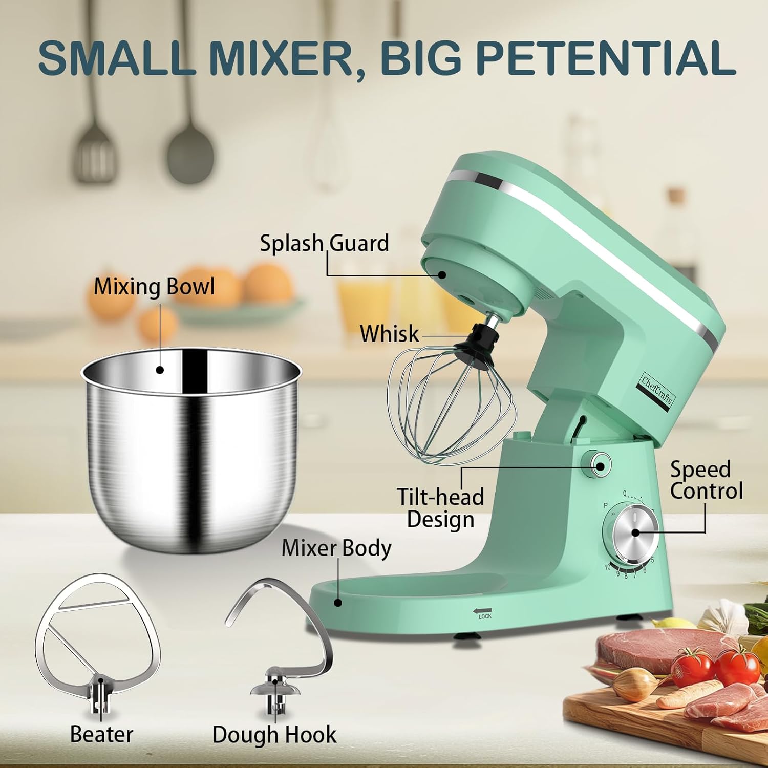 Electric Stand Mixer with 6.5 Quart Bowl, 660W Household Food Mixer 10+p Speeds, Kitchen Tilt-Head Bread Dough and Cake Mixers with Dough Hook, Whisk, Beater, Splash Guard and Egg Separator
