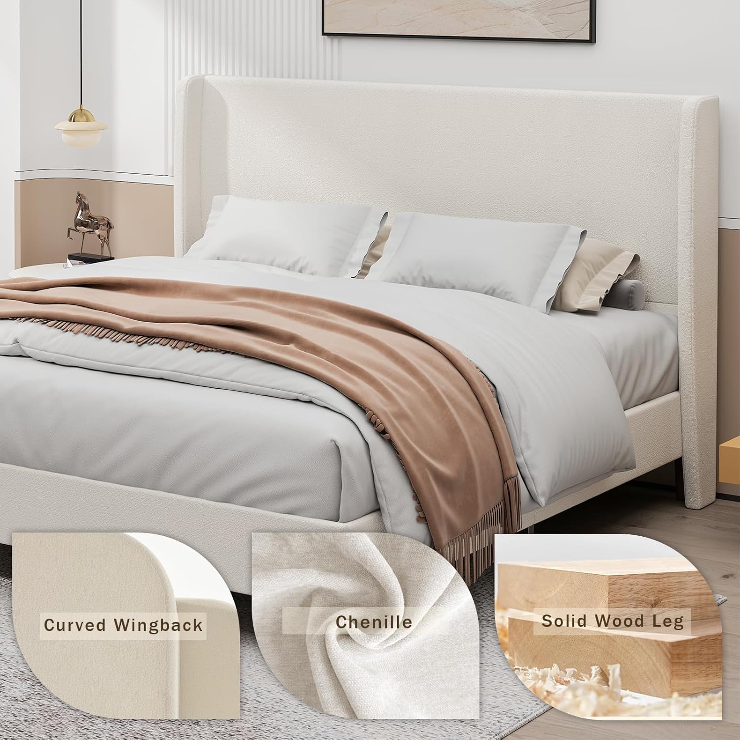 King Size Platform Bed Frame,Upholstered Bed Frame with Wing Side Headboard,Chenille Fabric,Strong Wooden Slat Support, No Box Spring Needed, Easy Assembly, Noise-Free,50.78" High,Light Beige