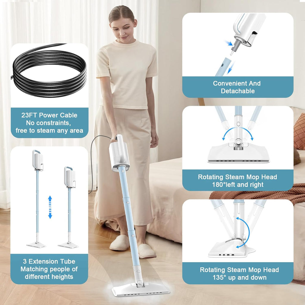 7-in-1 Steam Mop, 1200W Rotated Steam Cleaner for Home, 2 Modes, 400ML Removable Tank, 23FT Power Cord, 2 Pads, Multi-Surface Steamer for Hard Floor, Laminate Floor, Tiles Cleaning (Ocean Blue)