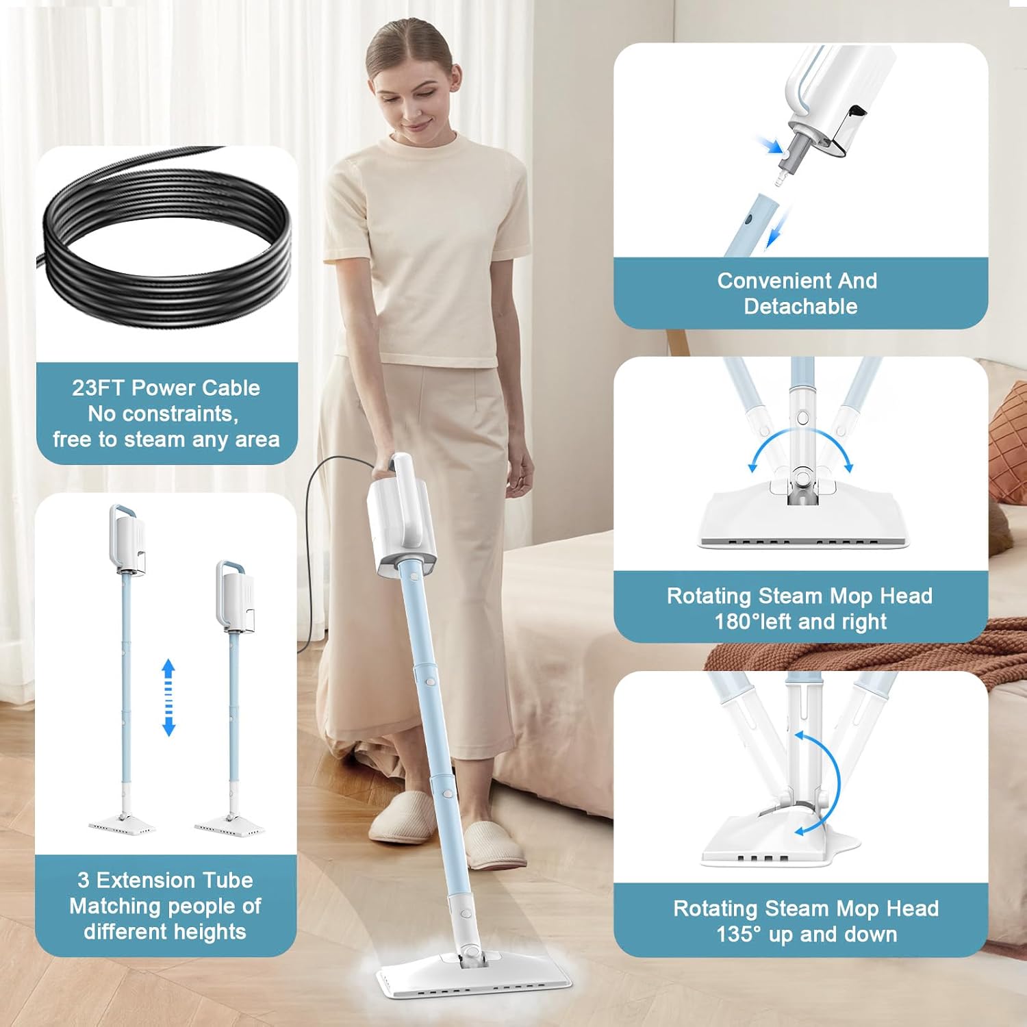 7-in-1 Steam Mop, 1200W Rotated Steam Cleaner for Home, 2 Modes, 400ML Removable Tank, 23FT Power Cord, 2 Pads, Multi-Surface Steamer for Hard Floor, Laminate Floor, Tiles Cleaning (Ocean Blue)