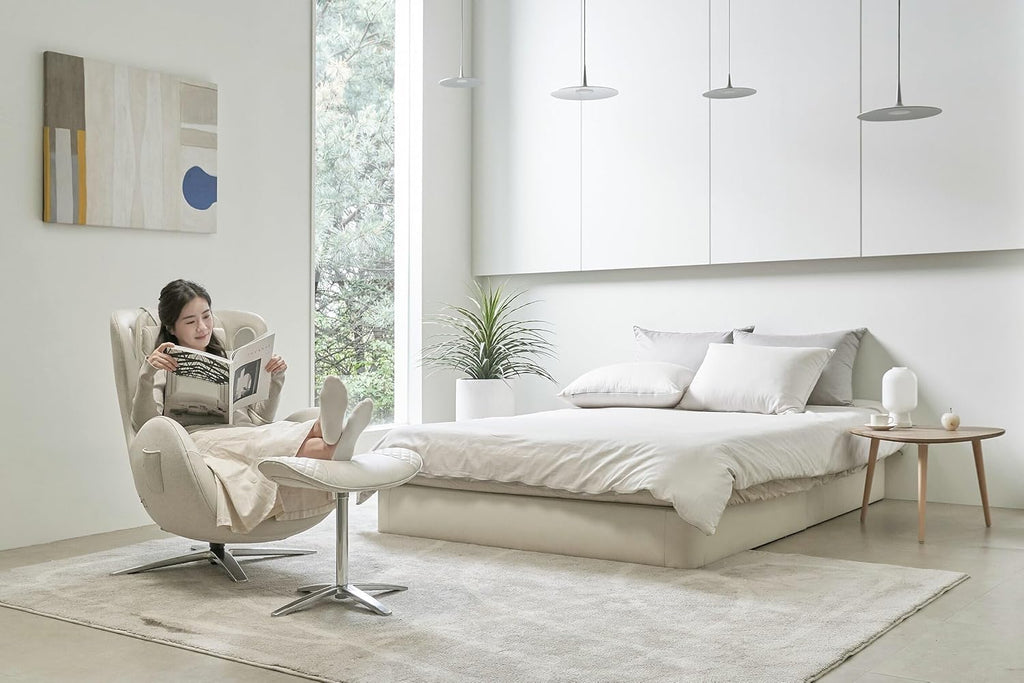 Nouhaus Classic Massage Chair with Ottoman. White Leather Lounge Chair, with Percussive & Shiatsu Chair Massager, Bluetooth Speaker and Recliner. Cozy Bedroom Chair with Spot and Full Body Massager