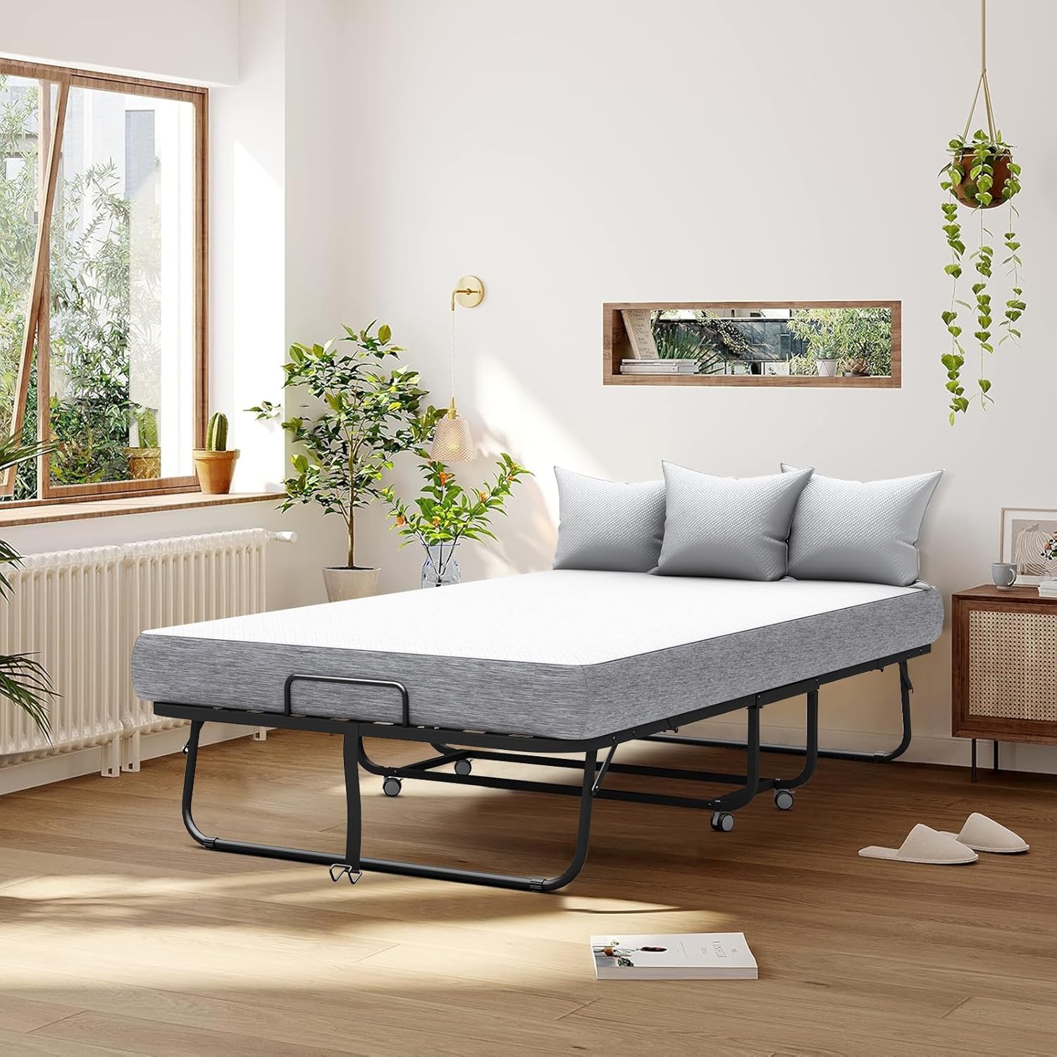 Large Folding Bed with Mattress, 75''x46'' RollAway Bed for Guest, Extra Wide and Comfortable Sleep