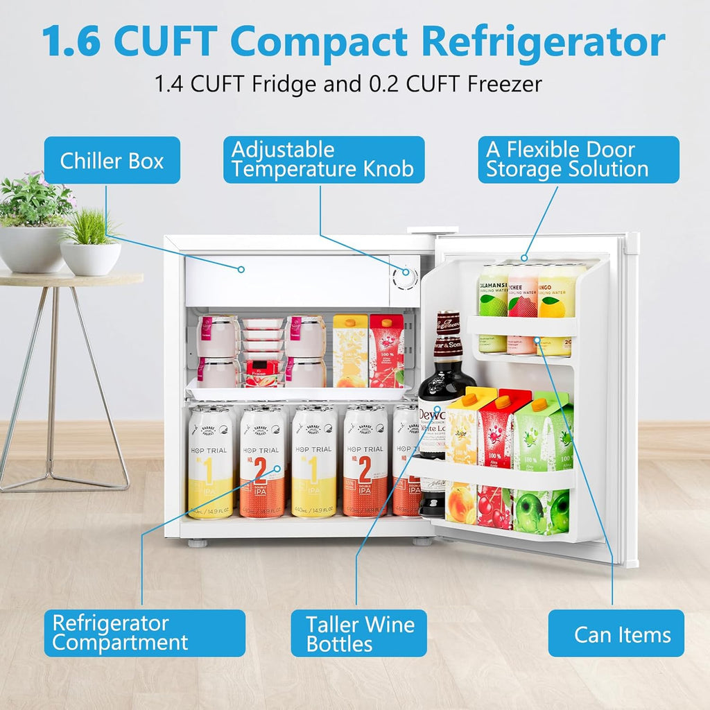Electactic 1.6 Cu.ft Mini Fridge with Freezer, Compact Single Reversible Door Refrigerator, Adjustable Thermostat, Ultra Quiet, Energy Efficient for Office, Dorm, Bedroom, Apartment -White