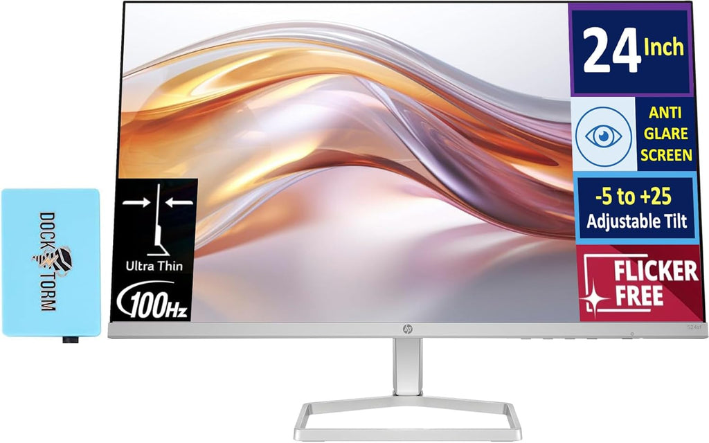 HP 24" 100Hz 300 Nits IPS FHD (1920x1080) Monitor (Replaces M24f) with Docztorm Hub USB Port Expander  Flicker-Free  Adjustable Tilt  1x HDMI 1.4  1x VGA  Black/Silver (2026 Latest Model)