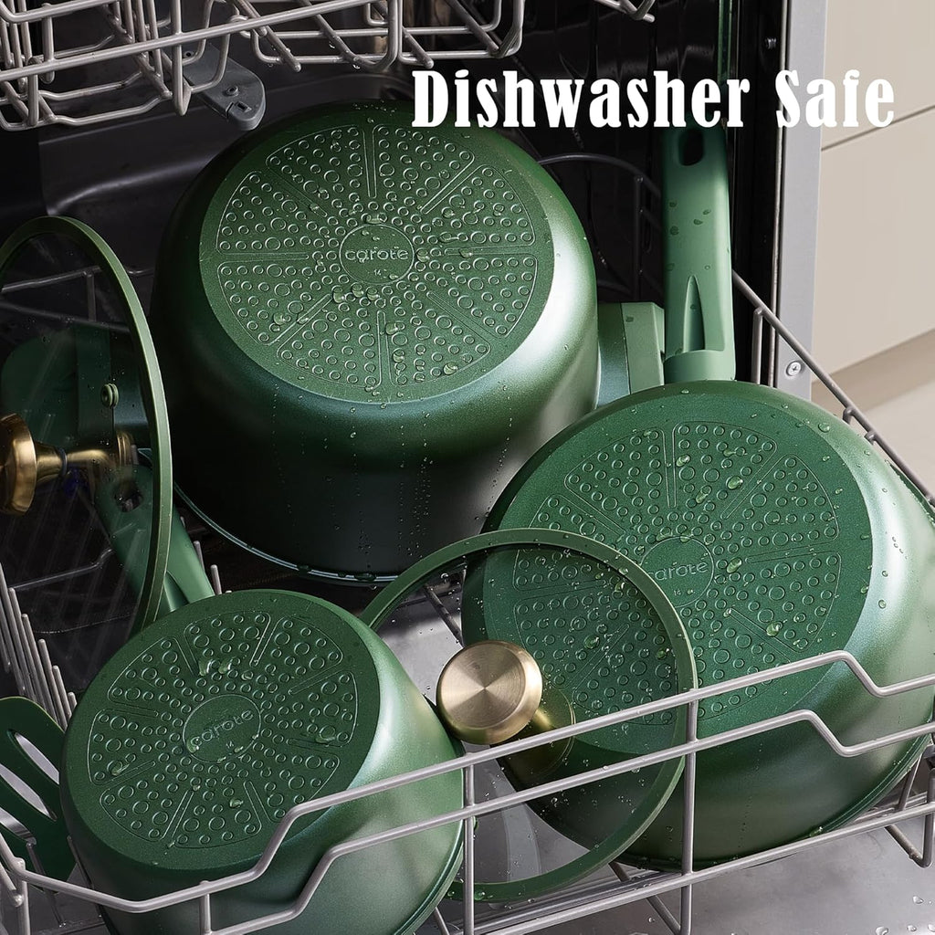CAROTE Pots and Pans Set Non stick, 18pcs NonStick Kitchen Set Induction Cookware Non-toxic Cooking Set, Dishwasher/Oven Safe,Cookware Set,Green