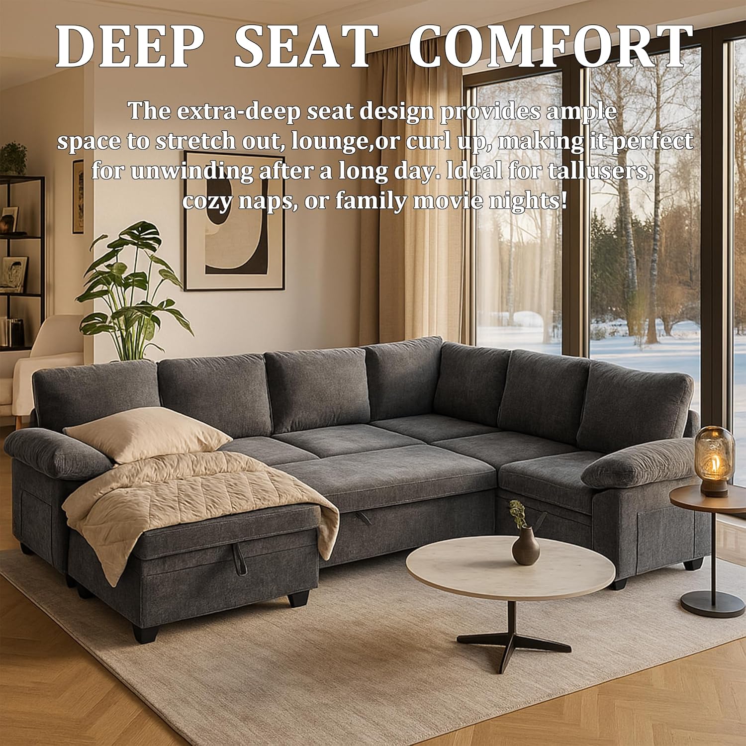 108 Inch Sectional Sleeper L Shaped Sofa with Pull Out Bed, 7 Seat Modular Sectional Sofa with Storage, Modern Chenille Cloud Couch, Sectional Couches for Living Room, Gray