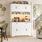 HOSTACK Modern Farmhouse Pantry Cabinet, 75" Tall Kitchen Pantry Storage Cabinet with Charging Station, RGB LED Light, Multi-Purpose Kitchen Storage Hutch Cabinets with Adjustable Shelves, White