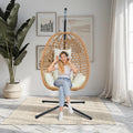 Hanging Egg Chair with Stand & Cushions - All-Weather Rattan Swing Chair for Patio, Balcony, Garden (Modern Boho Design, Ready-to-Use Indoor Outdoor)-Beige