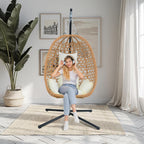 Hanging Egg Chair with Stand & Cushions - All-Weather Rattan Swing Chair for Patio, Balcony, Garden (Modern Boho Design, Ready-to-Use Indoor Outdoor)-Beige