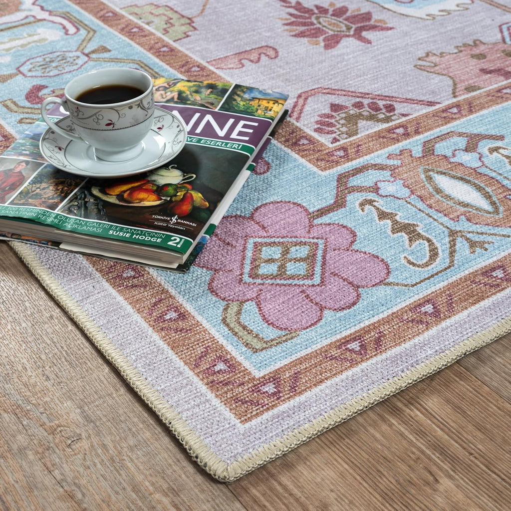 Fame Living Pink Oushak Rug, Modern, Vintage, Turkish, Eclectic, Floral, Pastel, Washable, Area Rugs for Living Room, Dining, Bedroom, Nursery, Girls, Boys, 5'9"x8'9"