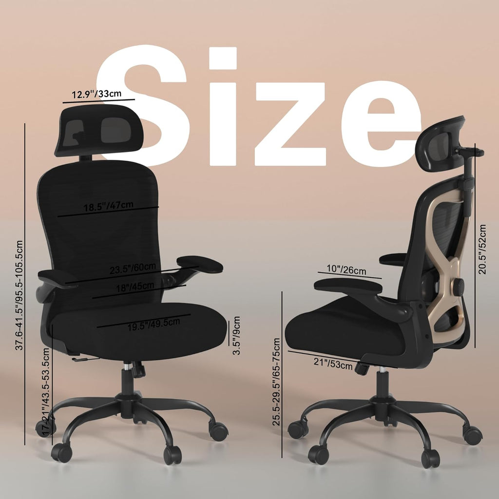 Ergonomic Office Chair, Mesh Desk Chair with Headrest, Lumbar Support, Thick Seat Cushion, Flip-up Arms, High Back Computer Task Chairs for Home Office, Black/Gold