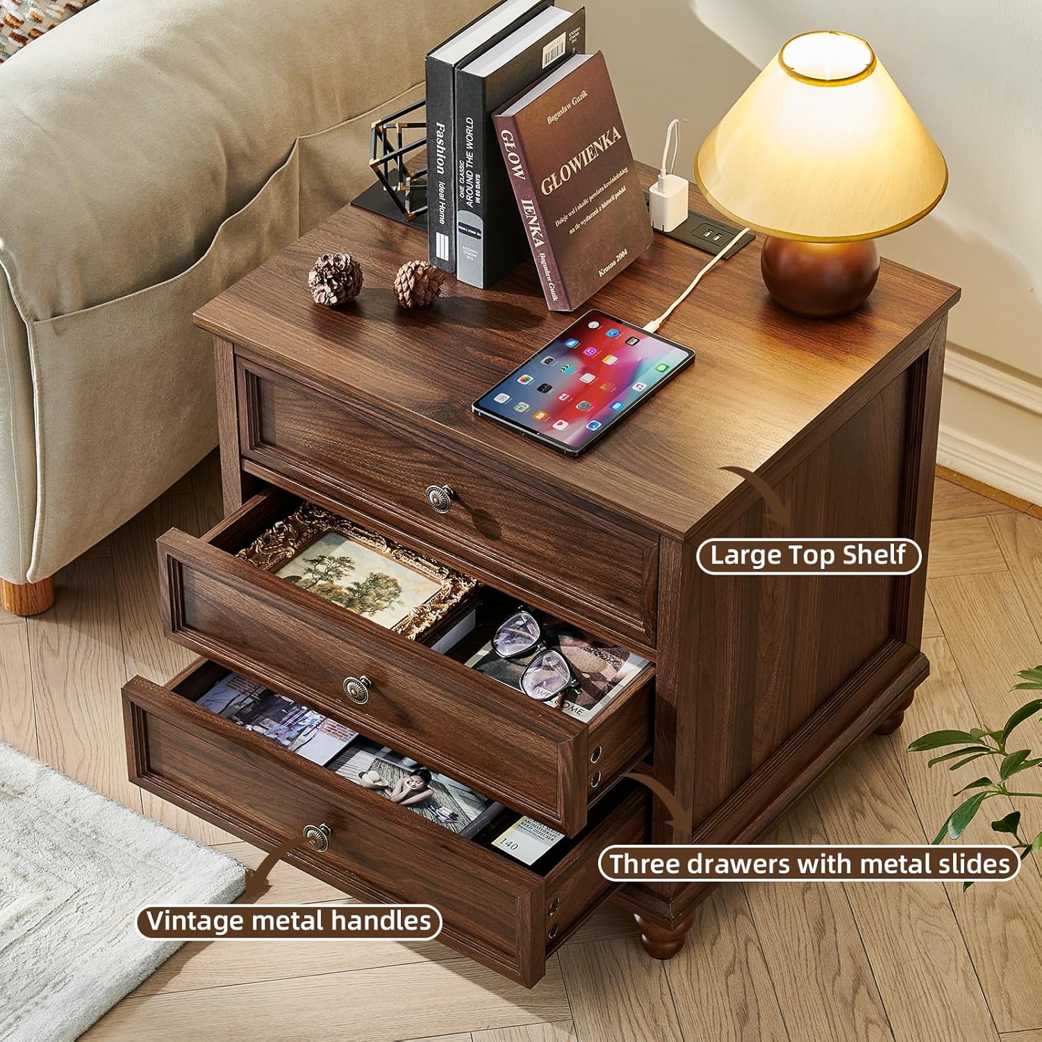 Farmhouse Nightstand Set of 2 with Charging Station, 24" Wide End Table with 3 Drawers,Dresser for Bedroom,Bed Side Table Chest of Drawers Cabinet,Wood Brown Night Stand for Living Room