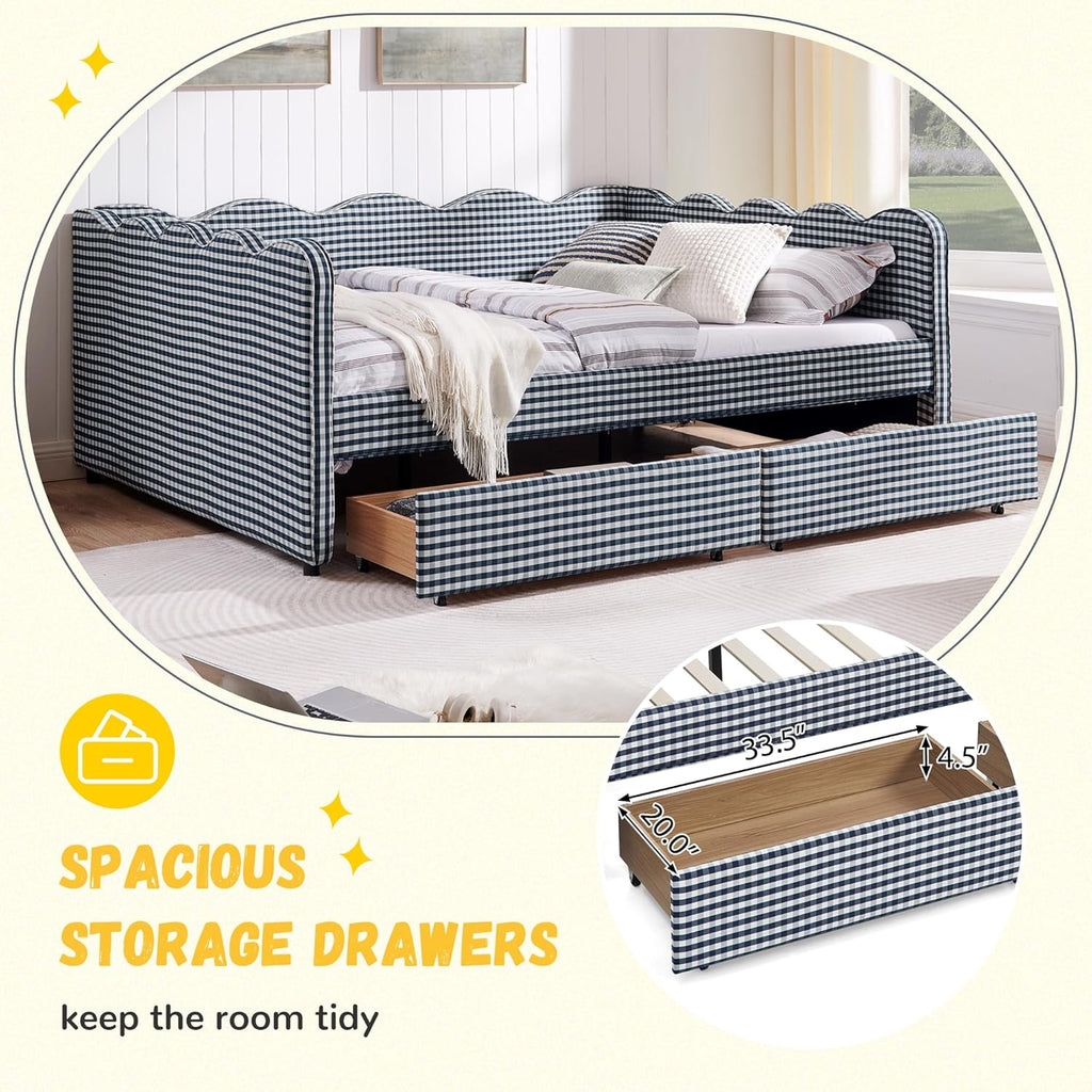 DEINPPA Queen Size Upholstered Daybed with 2 Storage Drawers, Gingham Daybed with USB Ports for Bedroom Living Room Guest Room-Navy