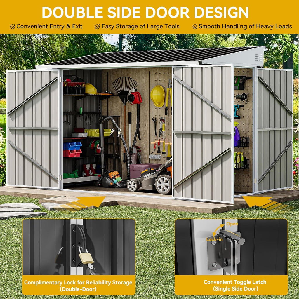 DWVO 8x4 FT Outdoor Weatherproof Storage Shed  Secure Metal Bike Shed w/Lockable Entry  Garden Storage Solution for Lawn Equipment  Tools  Waste Bin  Dark Gray
