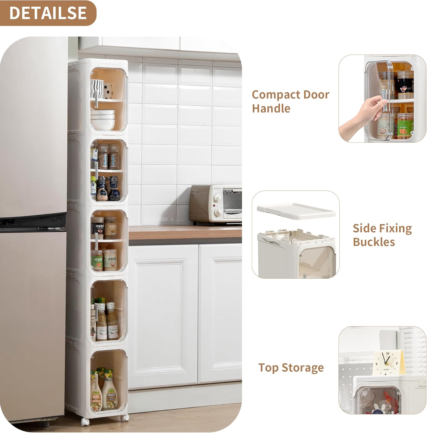 Narrow Bathroom Storage Cabinet with Wheels,5-Tier Plastic Slim Cabinets with Adjustable Shelves for Small Spaces,Bathroom, Kitchen, Cream White