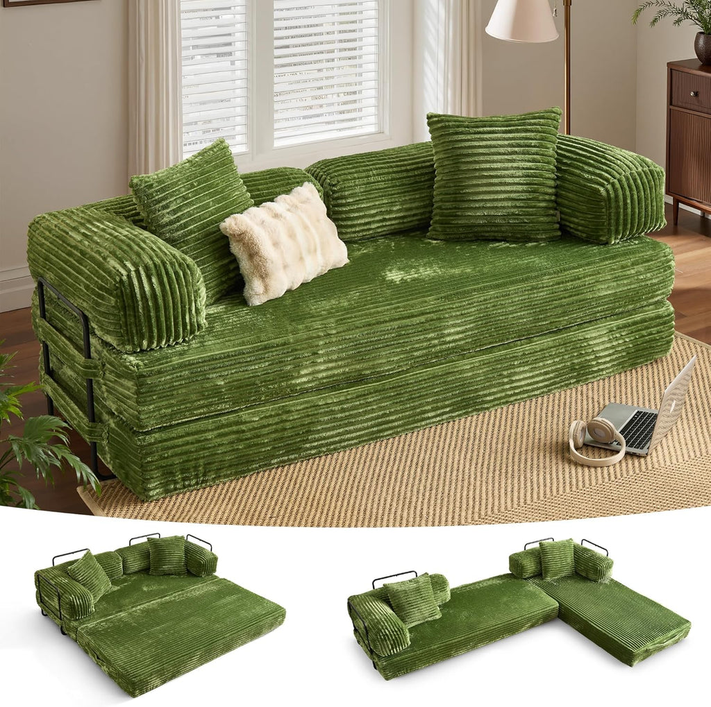 ovios 81" Folding Sofa Bed, Foldable Sleeper Boneless Couch with Pull Out Beds, Modular Convertible Floor Futon Loveseat Lounger for Living Room (Faux Fur, Green)