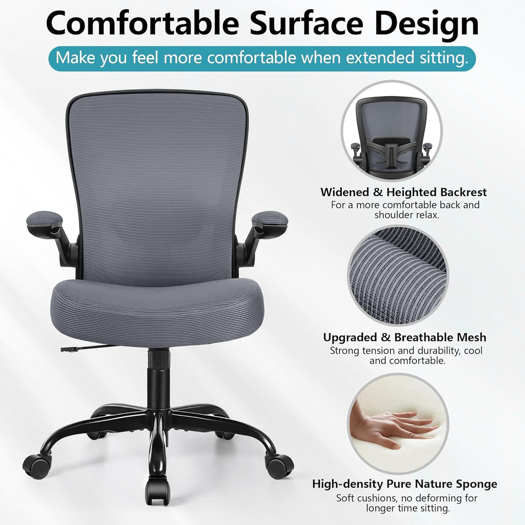 FelixKing Office Chair, Ergonomic Desk Chair Breathable Mesh Chairs Adjustable High Back Lumbar Support Flip-up Armrests, Executive Rolling Swivel Comfy Computer Chairs Home Office Dark Gray