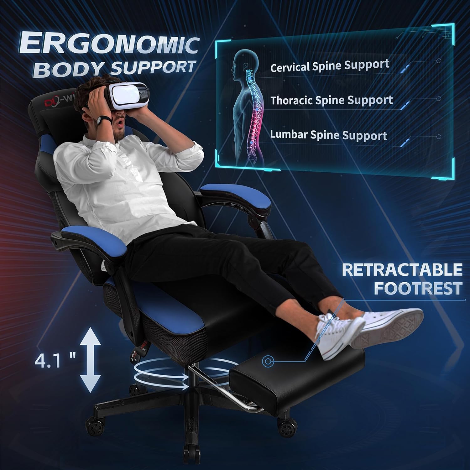 DL-win Gaming Chairs for Adults, Computer Chair with Footrest and Ergonomic High Back, Big and Tall Gamer Chairs with Massage Lumbar Support, 360° Swivel Height Adjustable Gaming Chair, Blue