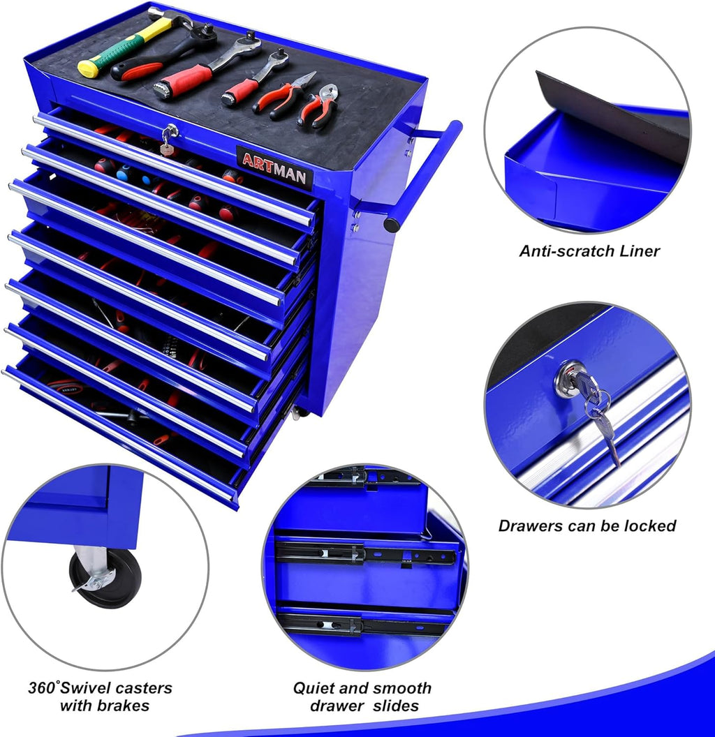 7 Drawers Rolling Tool Cart on Wheels, Multifunctional Organizer Tool Chest Tool Case, Trolley Tool Storage Tool Box for Workshop,Garage,Repair Shop (7 Drawers 24.2" W×12.9" D×29.9" H-Blue)