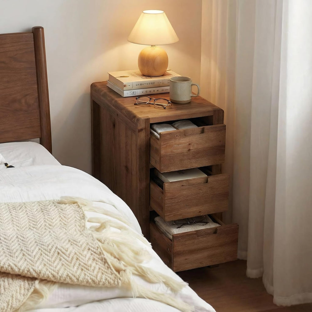 LITTLE TREE 3-Drawer Real Wood End Table Set 2, Narrow Side Table with Storage Drawers, Solid Wood Sofa Side Table for Living Room, Slim Nightstand Bedside Table for Bedroom, Natural Wood Color