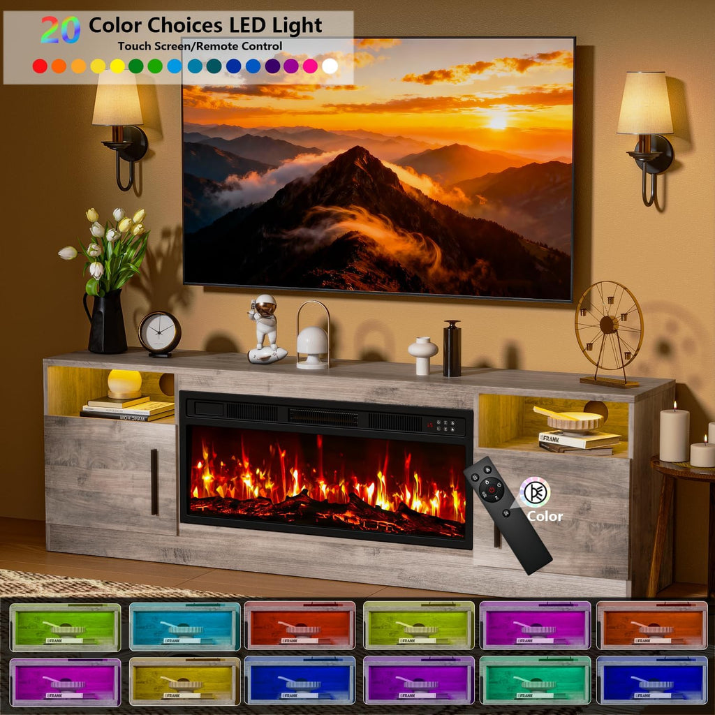 Fireplace TV Stand with 36" Fireplace Up to 80" TVs, 70" Entertainment Center with LED Lights, Remote Control, TV Media Console with Storage Cabinets for Living Room, Gray