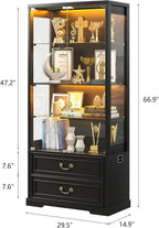 FREDEES Display Cabinet with Glass Doors,67" Adjustable Display Shelf with 2 Drawers and 4 Tier Curio Cabinet,Tall Bookcase with 3 Color Lights and Human Body Sensor for Toys,Books（Black）