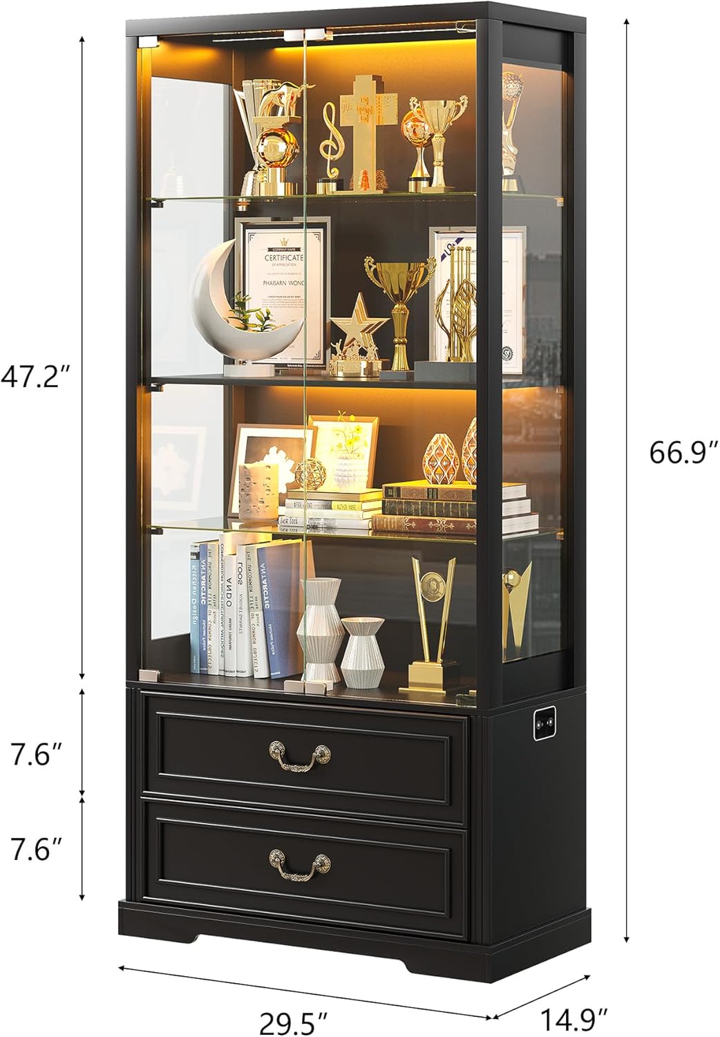 FREDEES Display Cabinet with Glass Doors,67" Adjustable Display Shelf with 2 Drawers and 4 Tier Curio Cabinet,Tall Bookcase with 3 Color Lights and Human Body Sensor for Toys,Books（Black）