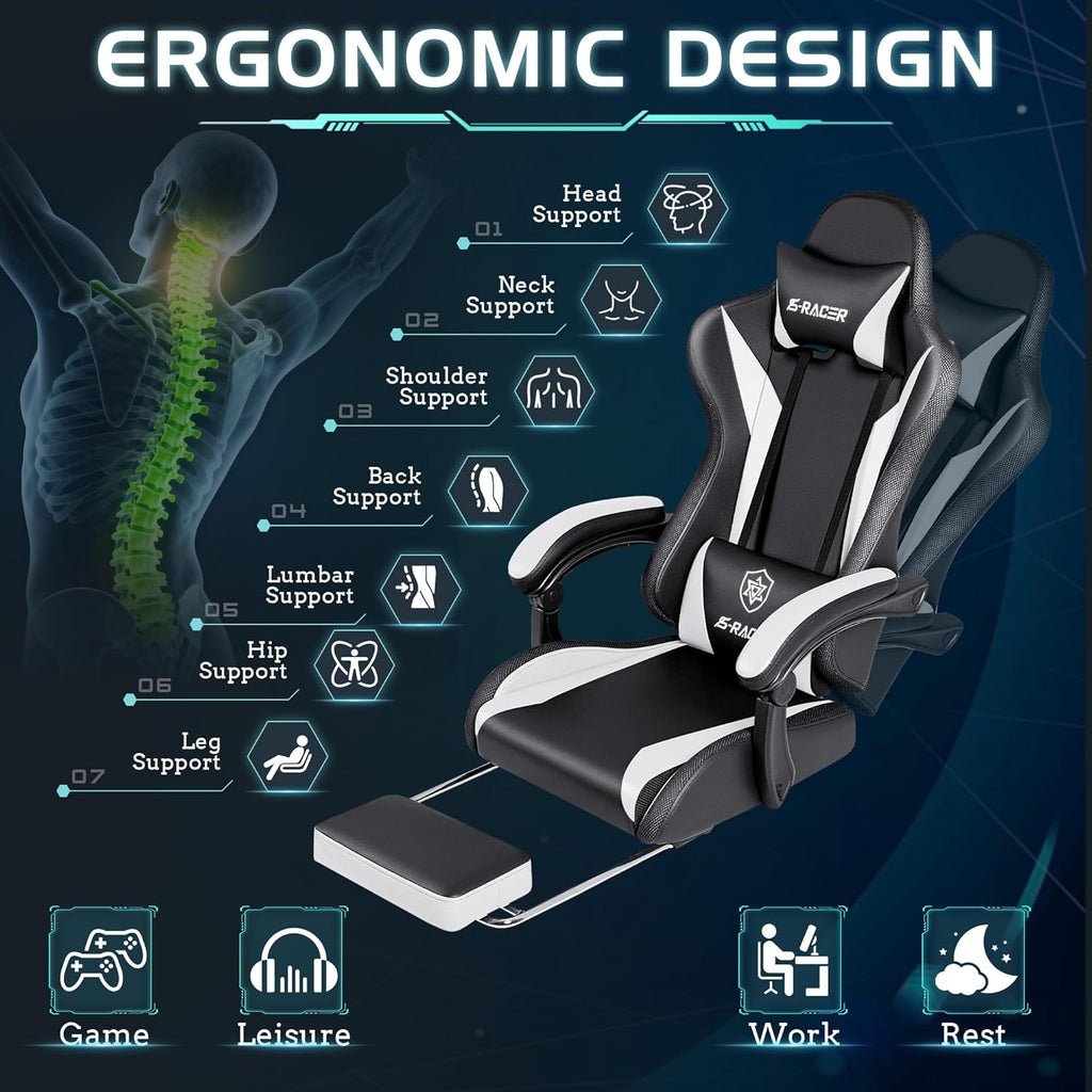 Homall Gaming Chair with Massage & Footrest, Ergonomic Computer Office Chair, High-Back Racing Style Reclining Chair with Adjustable Lumbar Support, PU Leather for Adults (White)