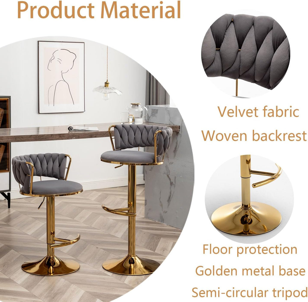 Velvet Bar Stools Set of 3, Counter Height Barstools with Low Back, Gold Swivel Bar Stool for Kitchen Island, Pub (Grey)