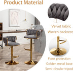 Velvet Bar Stools Set of 3, Counter Height Barstools with Low Back, Gold Swivel Bar Stool for Kitchen Island, Pub (Grey)