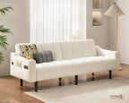 Brelice 80'' Leather Couch, Futon Sofa Bed, Faux Leather Couch with Adjustable Backrest, 2 Cup Holders & Side Pockets, Mid Century Modern Sofa for Living Room, Bedroom, Cream White