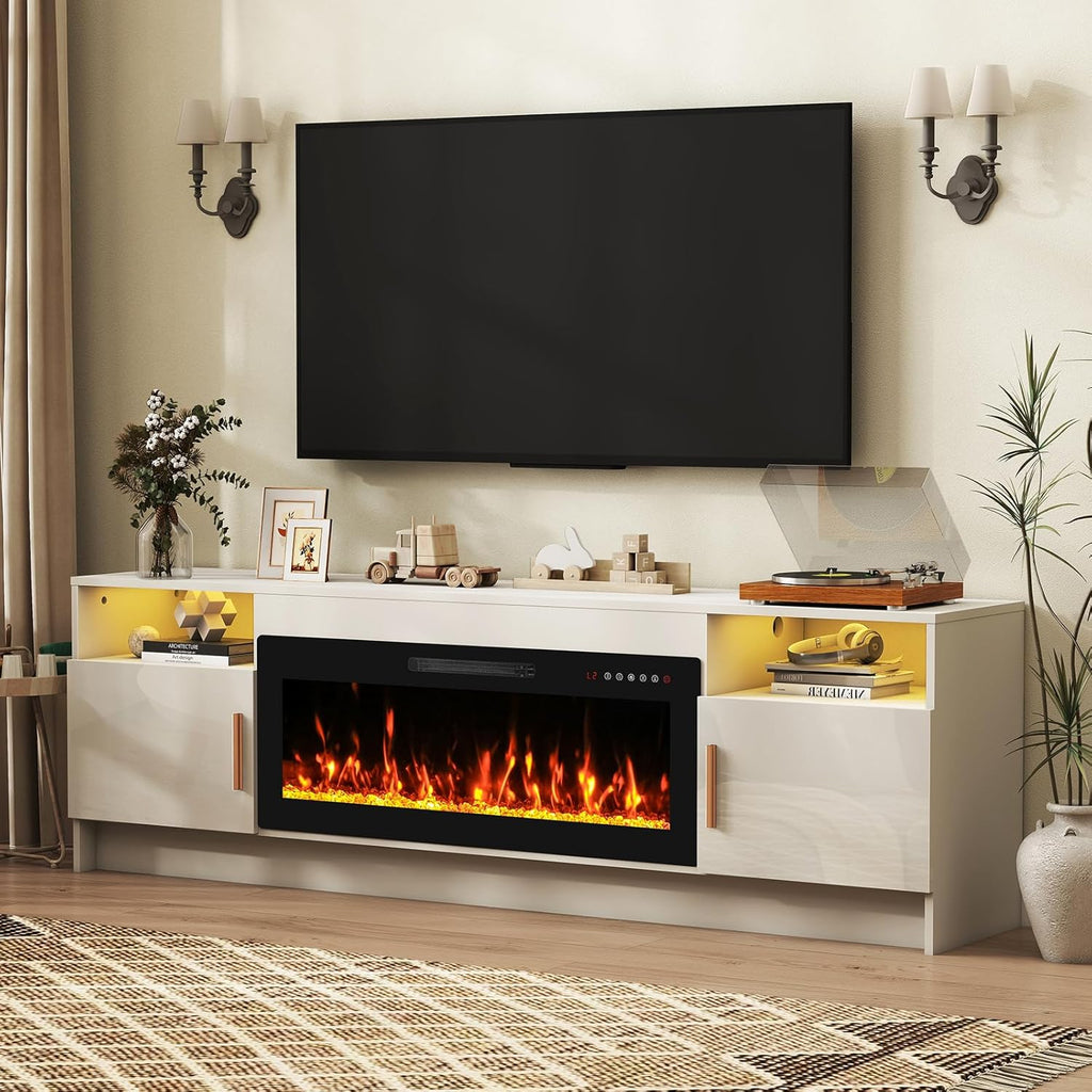 70" Electric Fireplace TV Stand for TVs Up to 80", LED Light Media Console with 36" Electric Heater, Storage Cabinet, Entertainment Center for Living Room, White