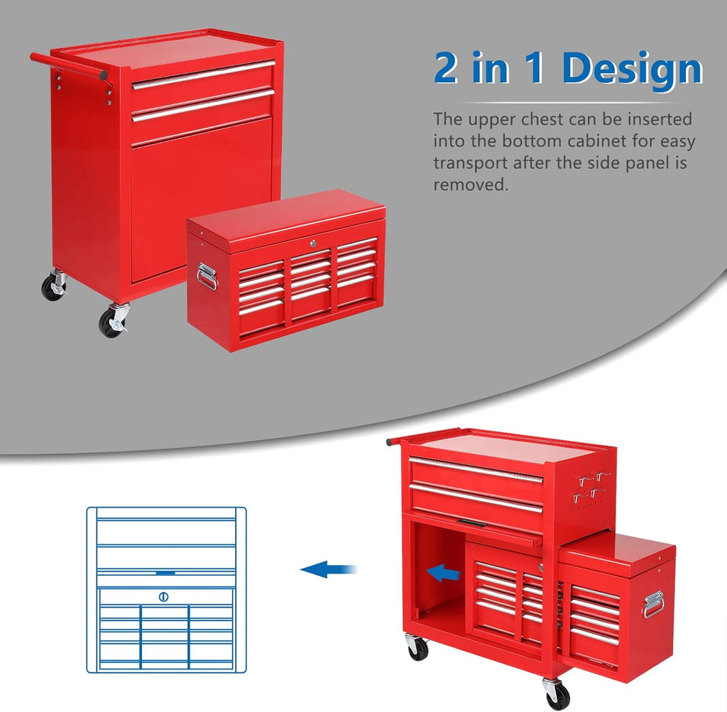 TUFFIOM 8-Drawer Rolling Tool Chest, Wheeled Tool Storage Cabinet w/Detachable Top, Drawers & Side Hooks, Mechanic Tool Organizer Box for Garage Warehouse Repair Shop