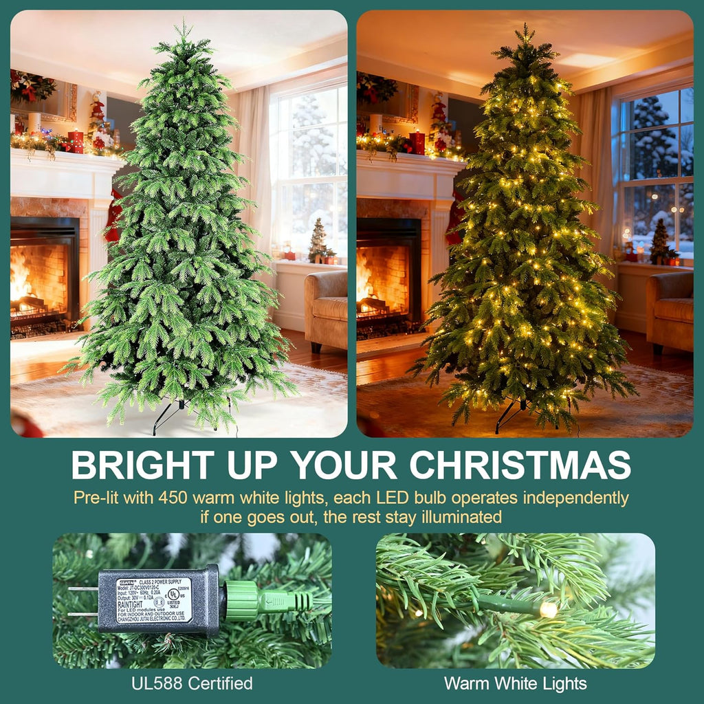 7FT Prelit Christmas Tree, Pre Lit Artificial Christmas Tree with 450 Lights and 2532 Branch Tips, Lighted Hinged Xmas Tree with Foldable Metal Stand for Party, Holiday, Home, Office