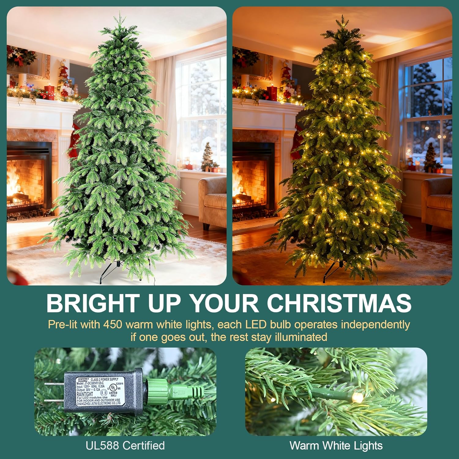 7FT Prelit Christmas Tree, Pre Lit Artificial Christmas Tree with 450 Lights and 2532 Branch Tips, Lighted Hinged Xmas Tree with Foldable Metal Stand for Party, Holiday, Home, Office