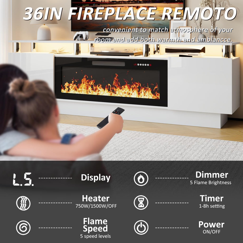 LEMBERI 70 Inches Fireplace TV Stand for TVs up to 80 Inches with 36'' Electric Fireplace & Remote, Modern Entertainment Center with Luxury LED Light,Woodeen TV Console for Living Room