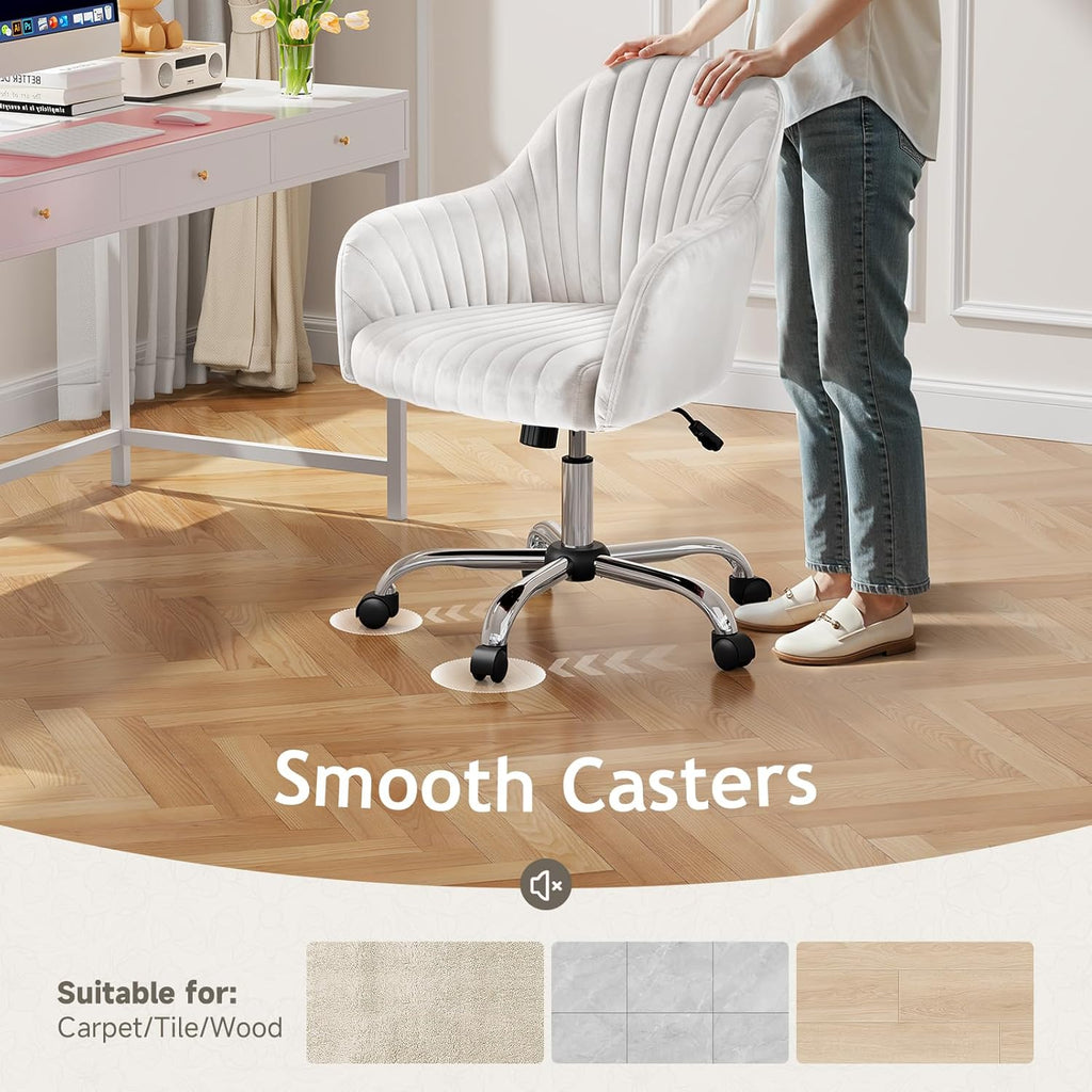Warmiehomy Office Chair, Velvet Desk Chair for Home Office, Cozy Vanity Chair, Girl Cute Makeup Chair with Arm Rest for Bedroom Dressing Room (Cloud White)
