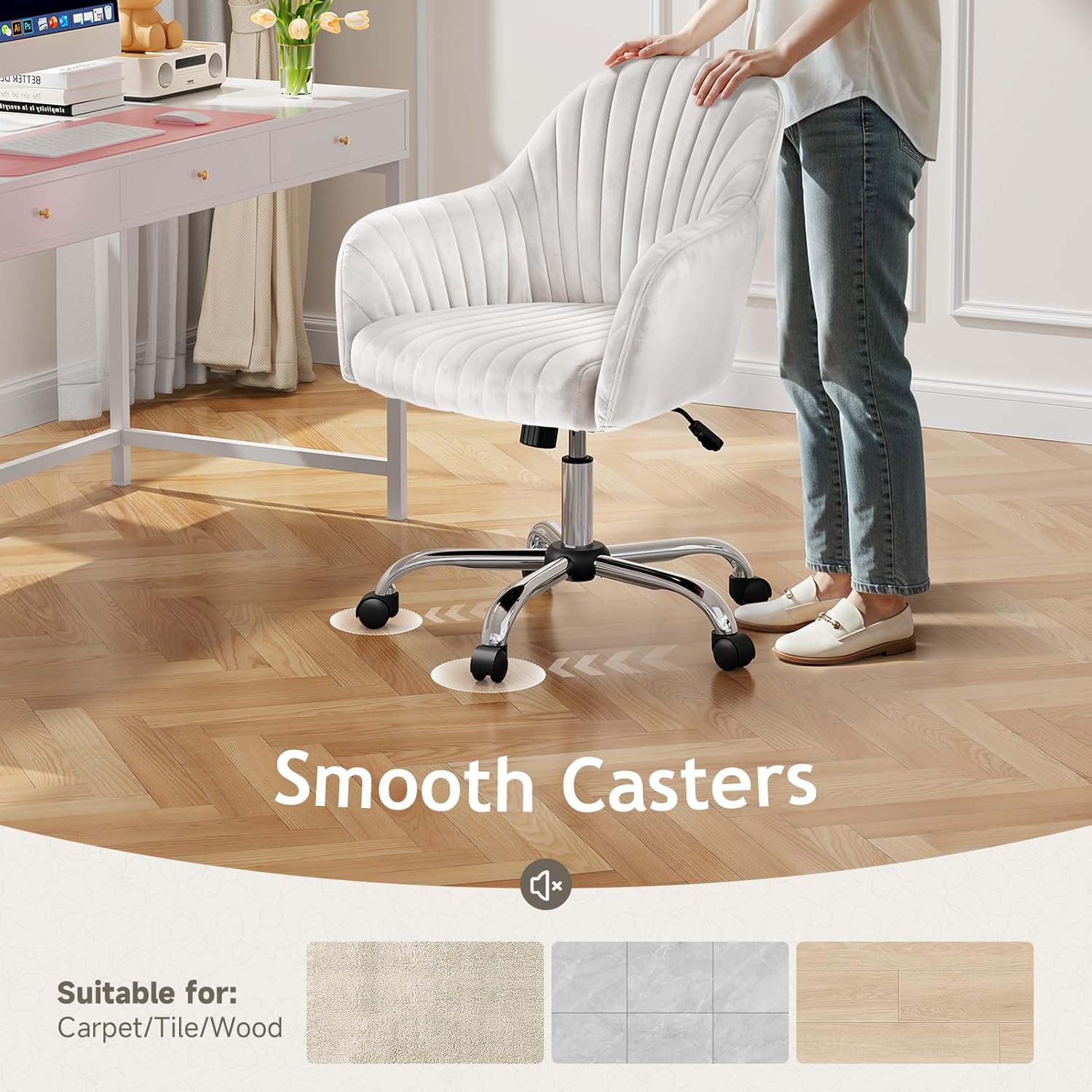 Warmiehomy Office Chair, Velvet Desk Chair for Home Office, Cozy Vanity Chair, Girl Cute Makeup Chair with Arm Rest for Bedroom Dressing Room (Cloud White)
