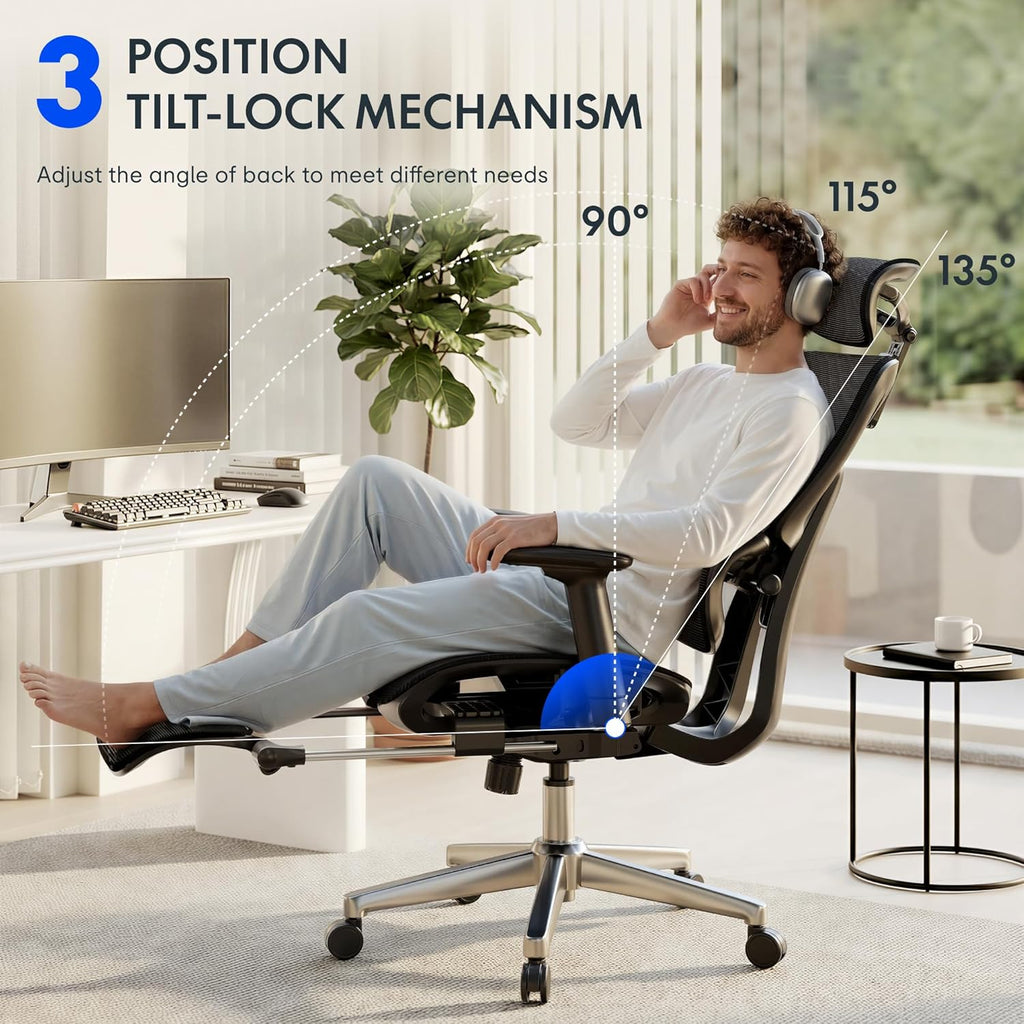 FLEXISPOT ErgoX Premium Ergonomic Office Chair with Footrest- Adjustable 3D Armrests, Dynamic Lumbar Support, Recline & Tilt Function, Mesh Seat, for Home & Office Use,Black