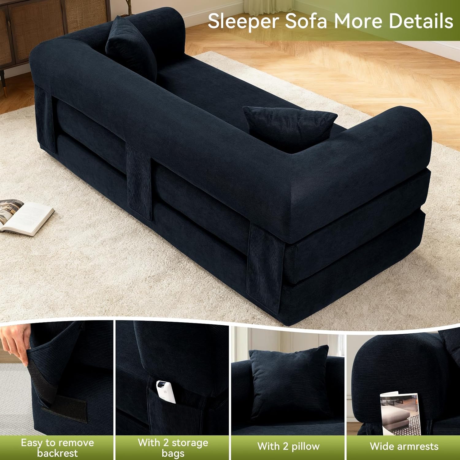Convertible Futon Sofa Bed,80" Folding Pull Out Couch Bed with Storage,Queen Sleeper Sofa Bed,Compressed Couch in a Box,Corduroy Boneless Couches for Living Room,Deep Blue