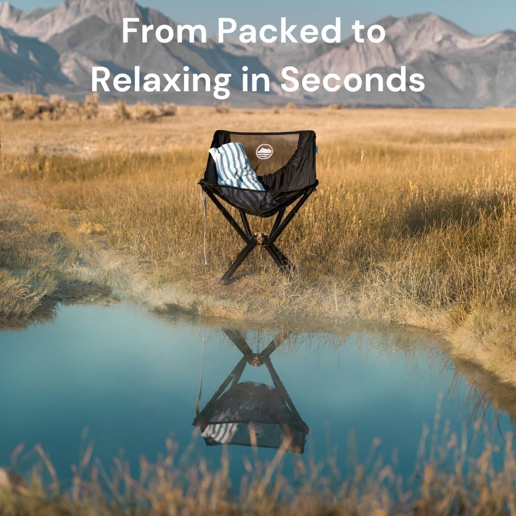 CLIQ Portable Chair Version ClassiQ 1.0 - Collapses to Size of Water Bottle - Lightweight Folding Chair for Camping - Outdoor Chair Supports 350 Lbs - Camp Chair Outdoor Adventures - Black