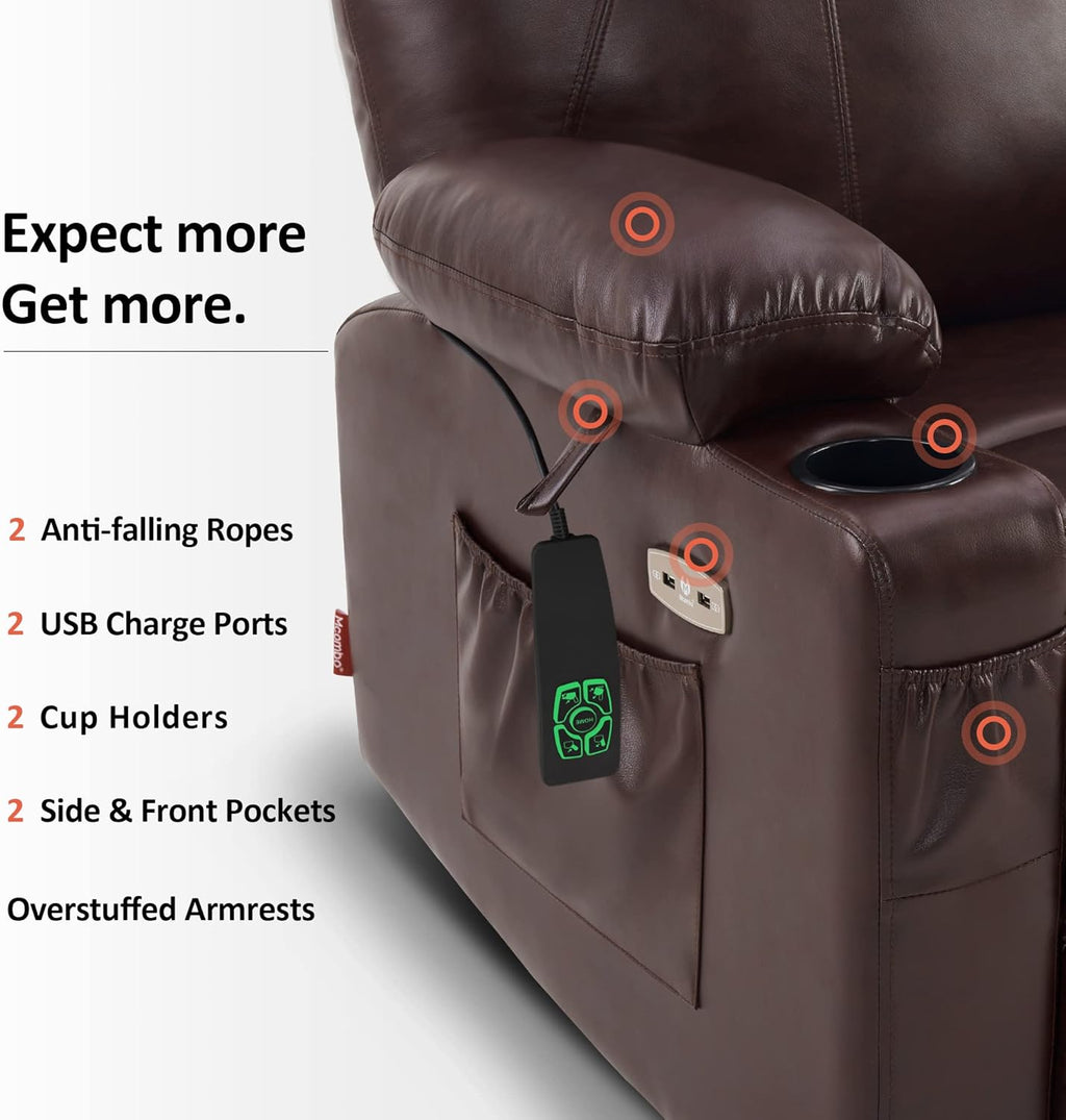 MCombo Dual Motor Large Power Lift Recliner Chair for Elderly, Lay Flat Lift Chair with Heat and Massage, Big Lift Recliner for Tall People, Faux Leather 7815 (Dark Brown)