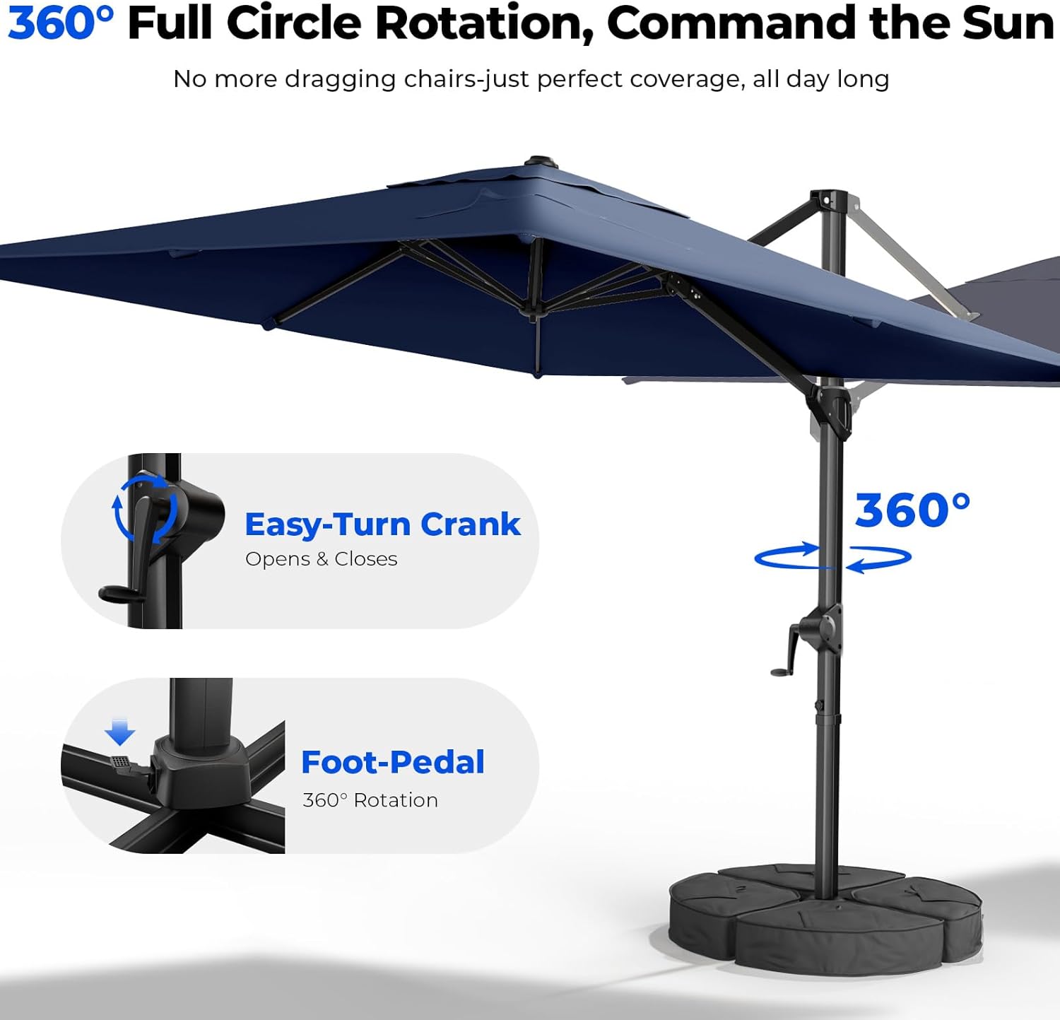 HOMSHADE 10x10 FT Cantilever Patio Umbrella Outdoor with Base- Large Offset Heavy-Duty Aluminum Umbrella with 360° Rotation, 6 Tilts, Windproof, 3-Year Fade Resistance for Pool Deck, Square, Navy Blue